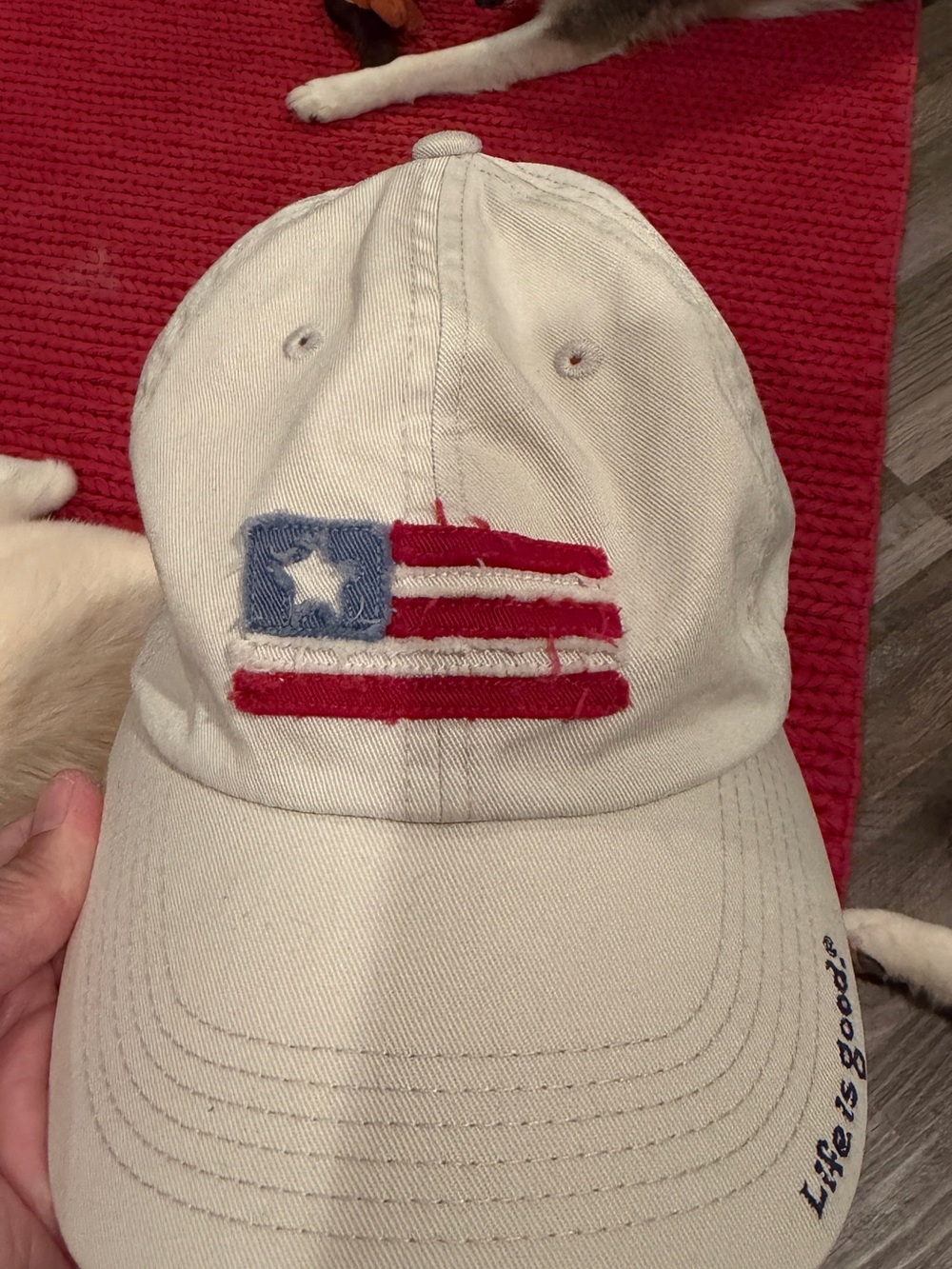 Life Is Good Cream Baseball Cap with Distressed Red & Blue Flag Patch